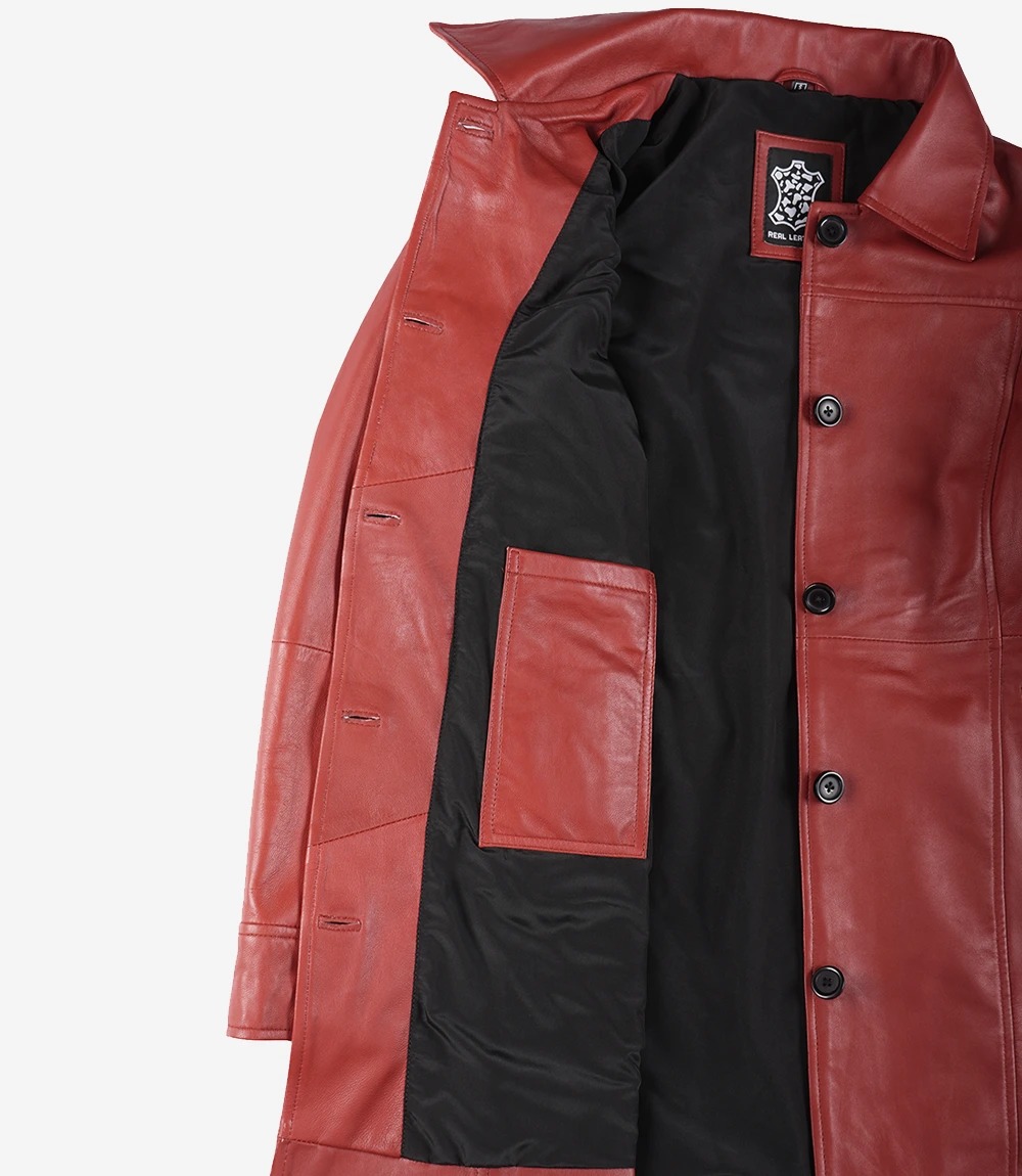 Womens Real Lambskin Leather Red Car Coat - Image 6