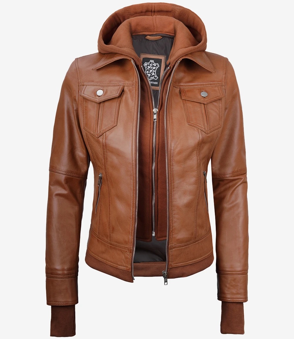 Tralee Women's Tan Waxed Bomber Leather Jacket With Detachable Hood - Image 6