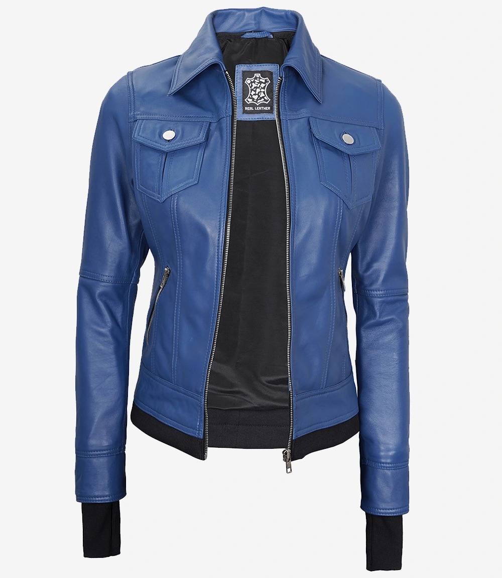 Womens Blue Bomber Leather Jacket With Hood - Image 6