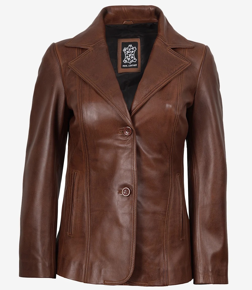 Women's Notch Lapel Two Button Cognac Leather Blazer - Image 4