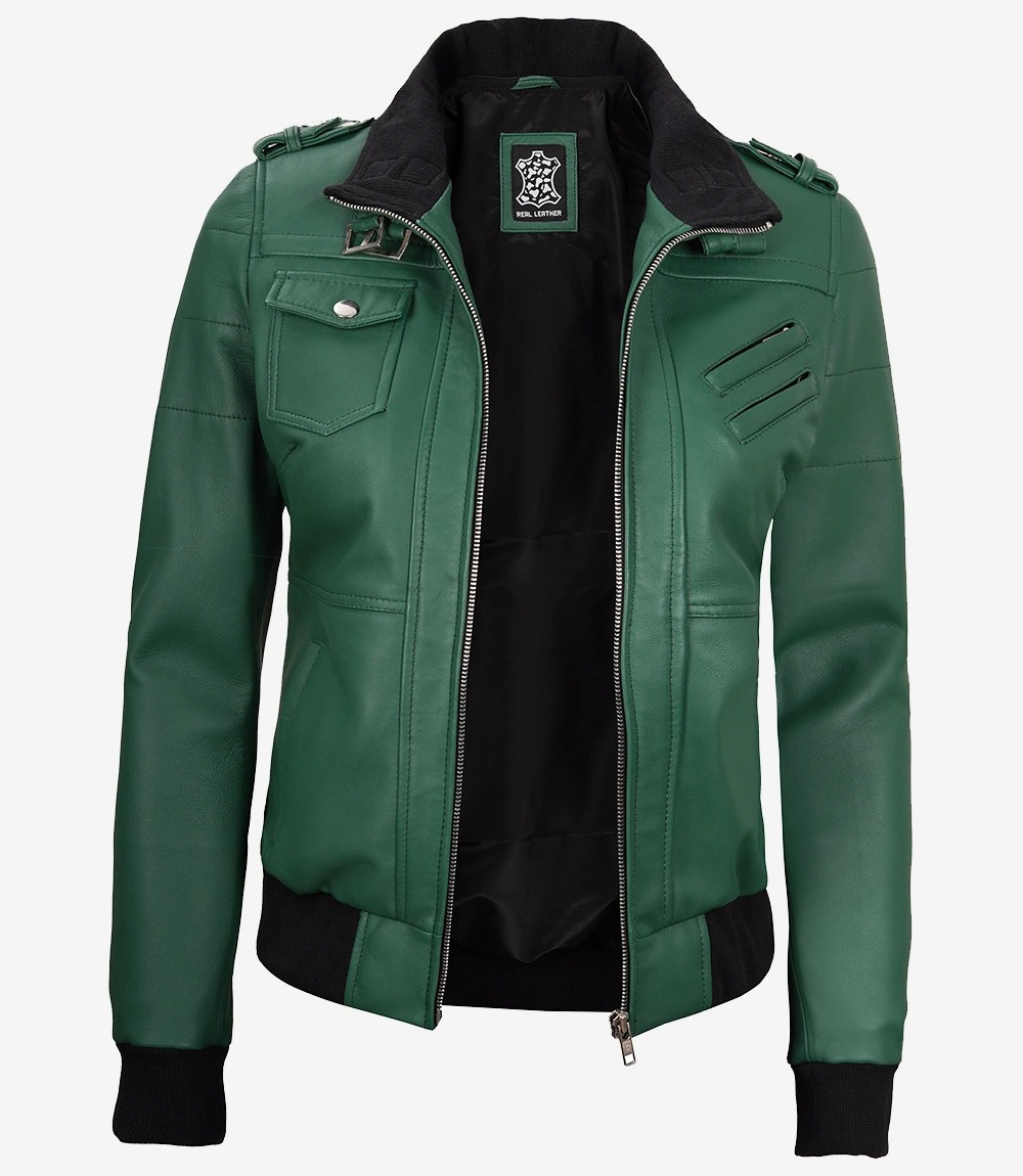 Womens Green Hooded Bomber Leather Jacket - Image 5