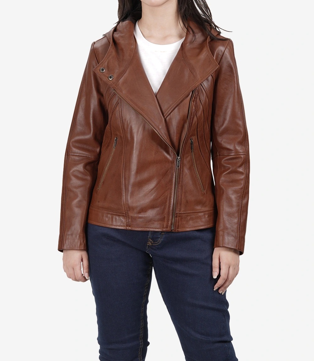 Womens Asymmetrical Brown Moto Leather Jacket with Hood - Image 7