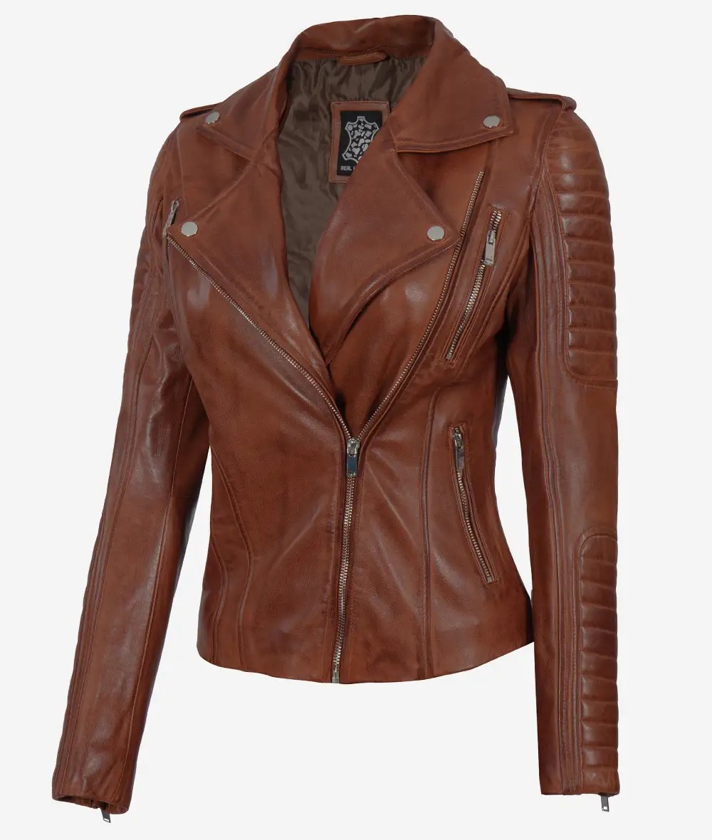 Women's Cognac Motorcycle Leather Jacket with Removable Hood - Image 6