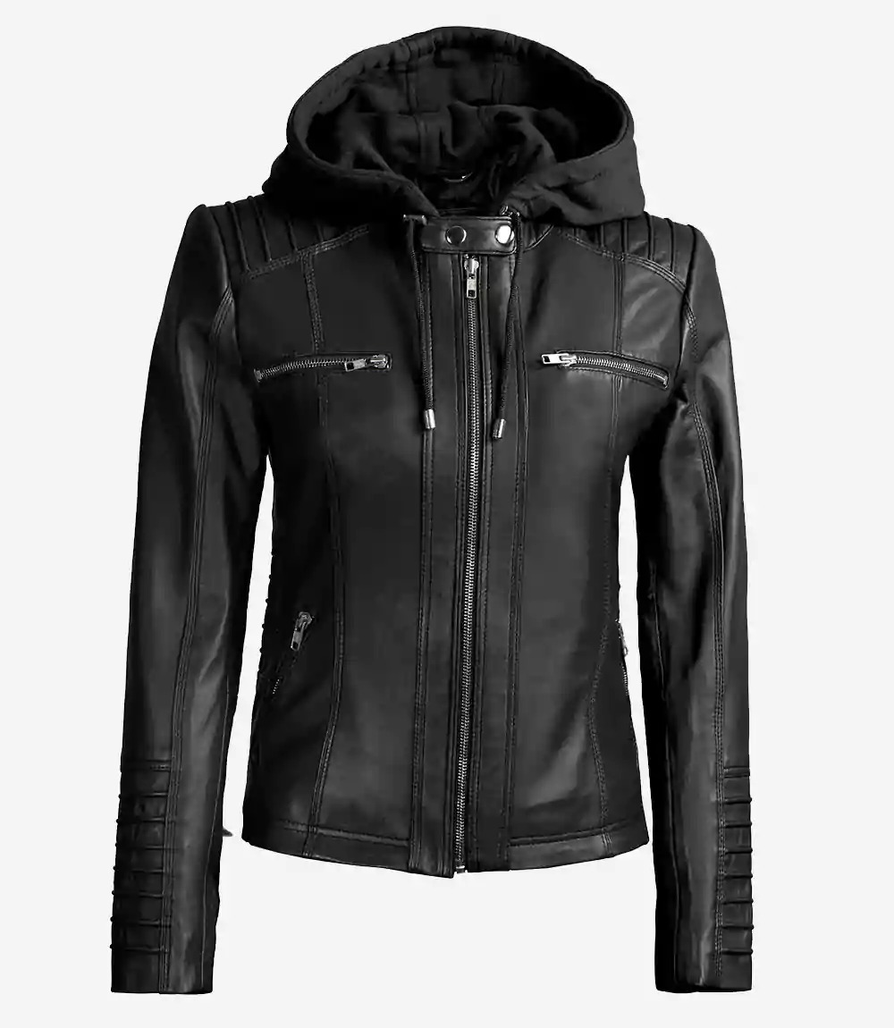 Women's Black Leather Jacket with Removable Hood - Image 6