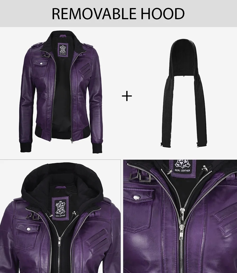 Womens Purple Bomber Leather Jacket with Removeable Hood - Image 4
