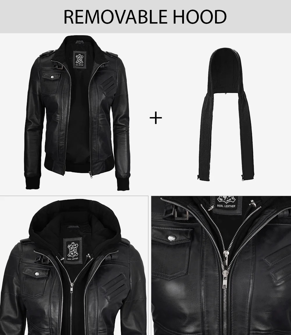 Women's Black Leather Bomber Jacket with Removable Hood - Image 4