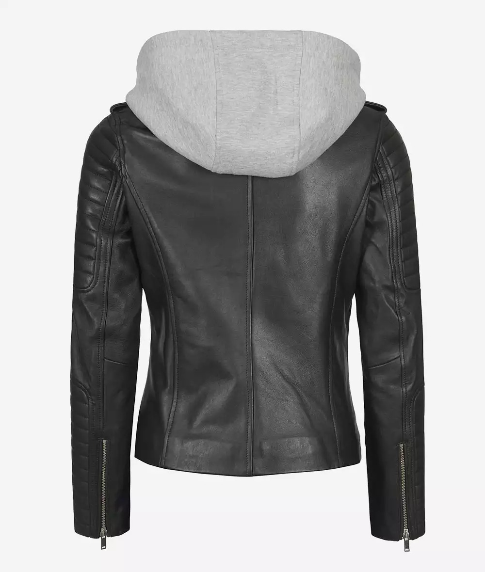 Womens Moto Black Leather Jacket with Hood - Image 6