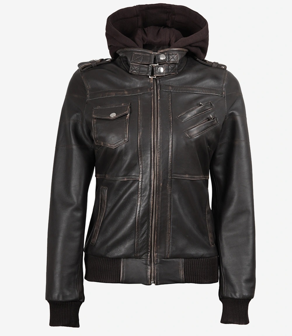 Womens Distressed Brown Hooded Bomber Leather Jacket - Image 6