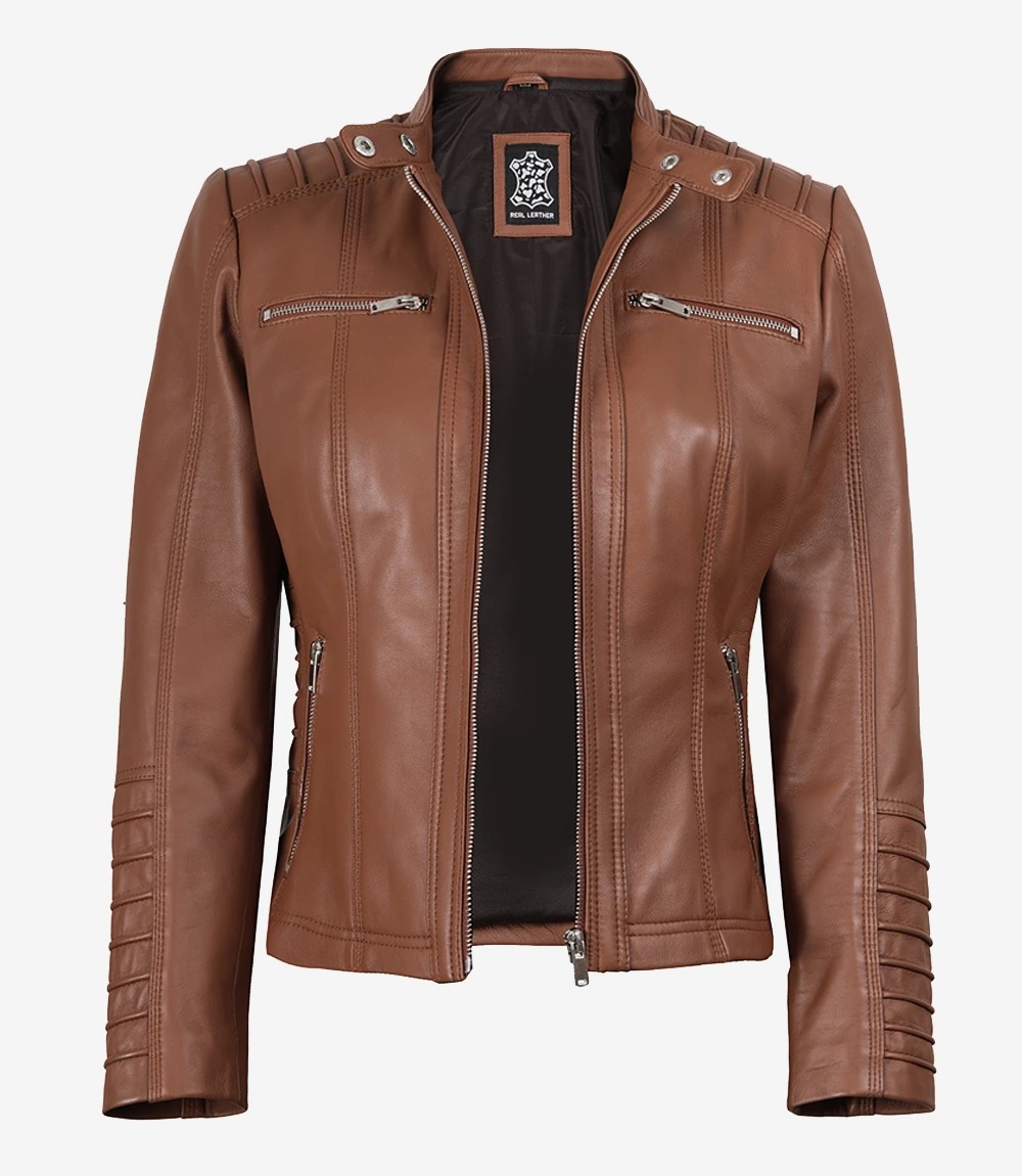 Helen Womens Cognac Leather Jacket with Removable Hood - Image 6