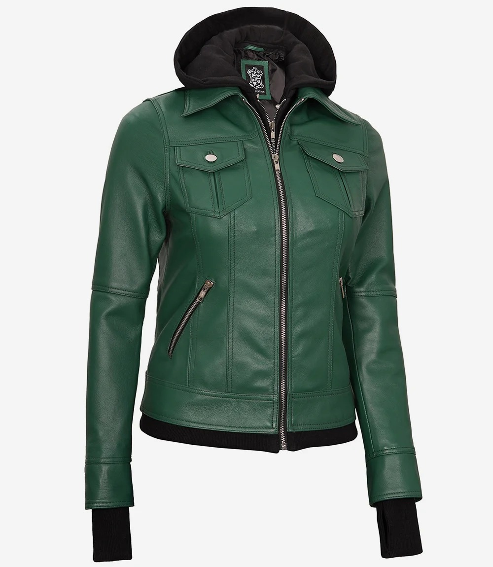 Womens Green Bomber Leather Jacket with Removable Hood - Image 7