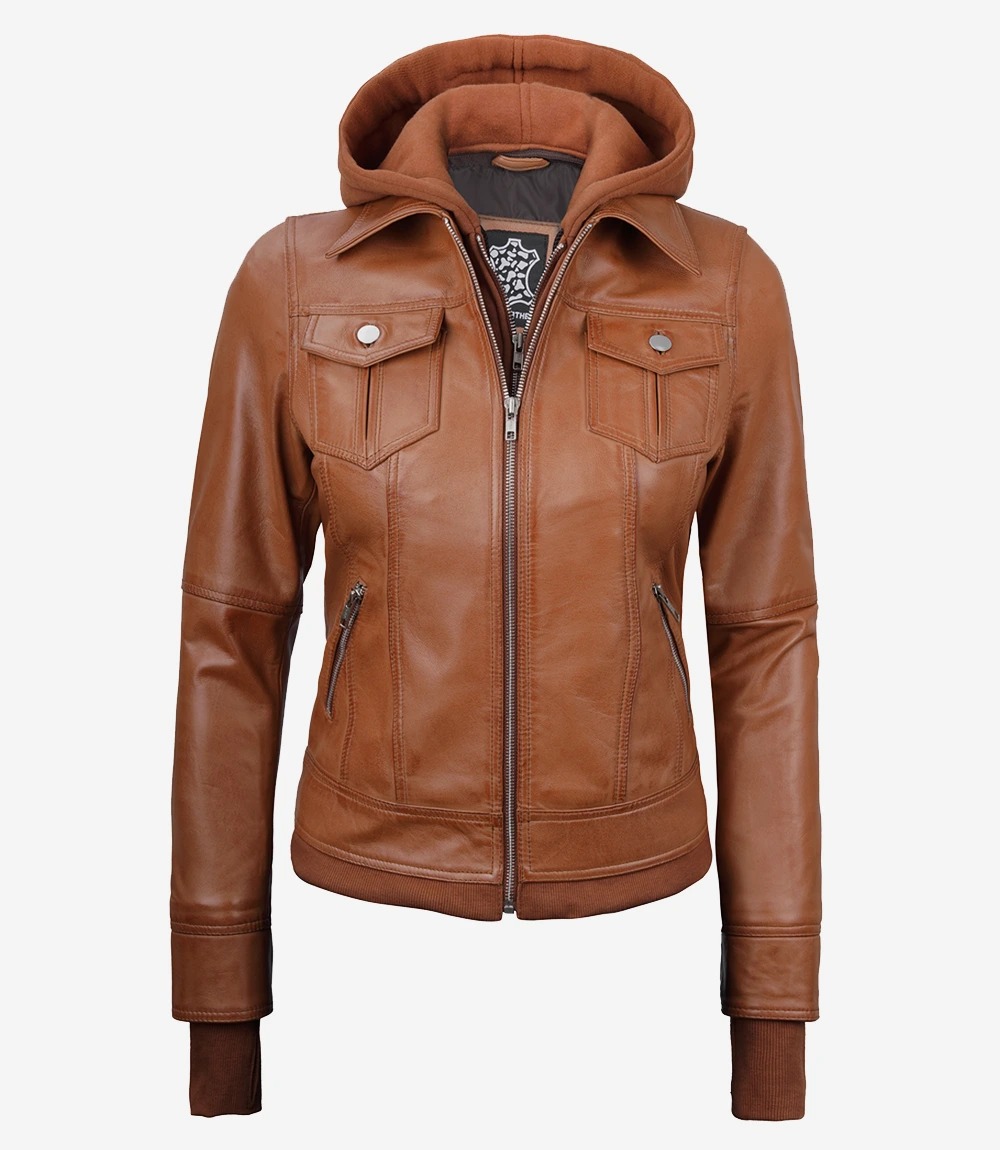 Tralee Women's Tan Waxed Bomber Leather Jacket With Detachable Hood - Image 7