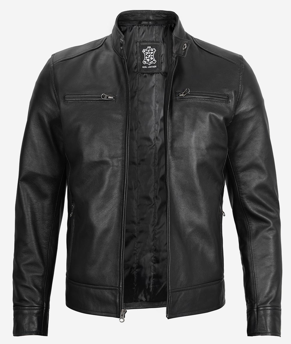 Men's Black Leather Jacket with Removable Hood - Image 8