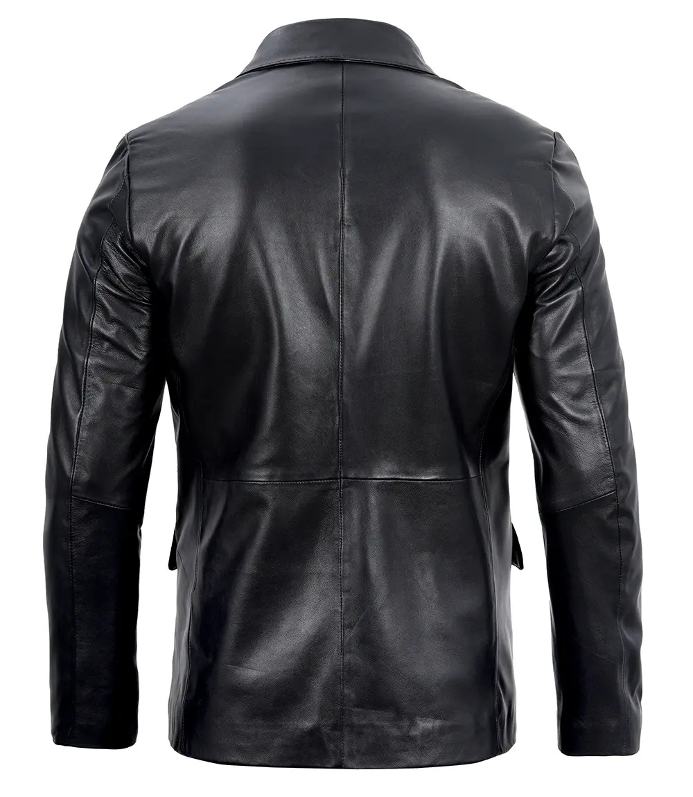 Mens Two Button Notch Lapel Black Leather Blazer - Image 6