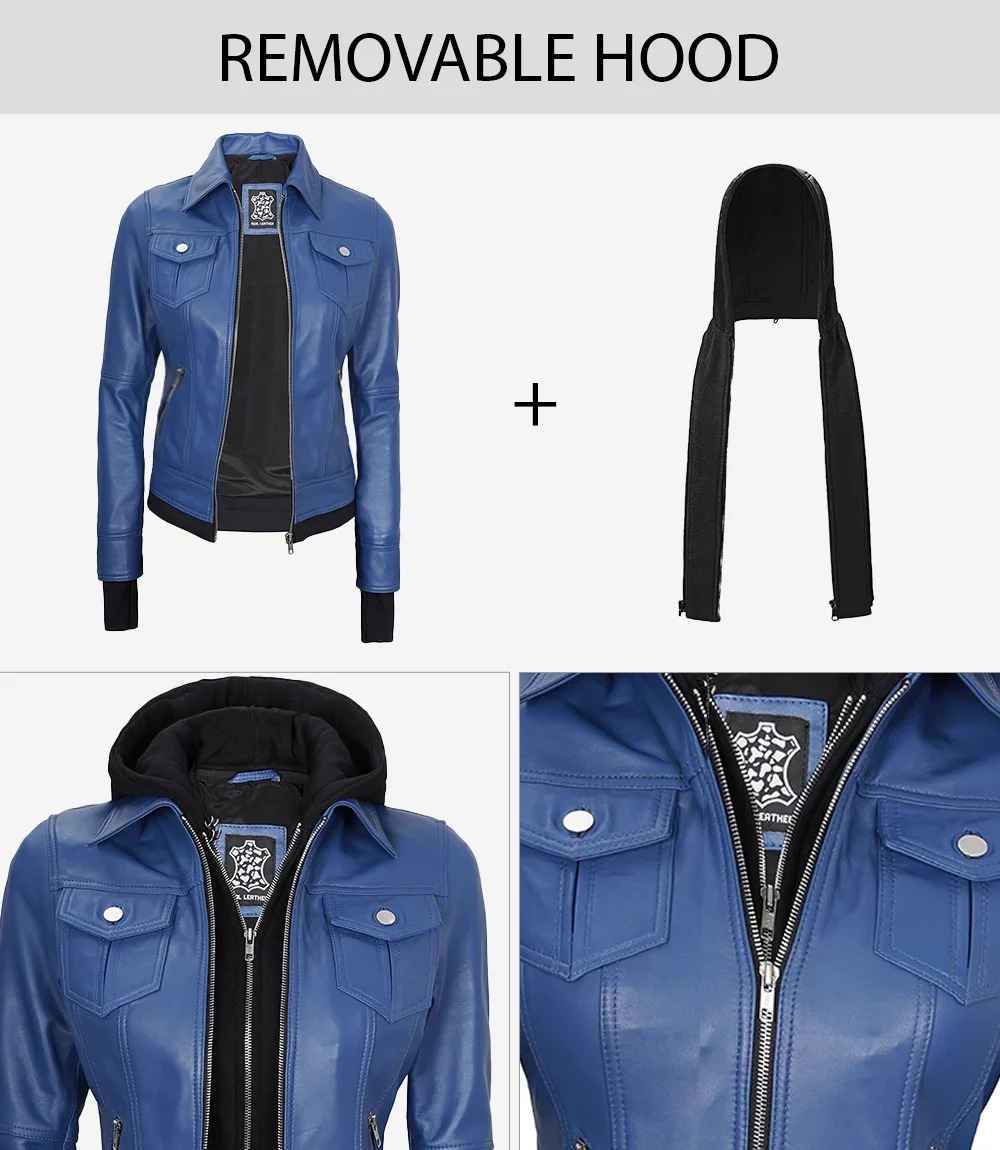 Womens Blue Bomber Leather Jacket With Hood - Image 7