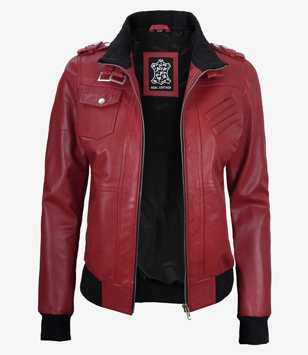 Womens Red Hooded Bomber Leather Jacket - Image 5