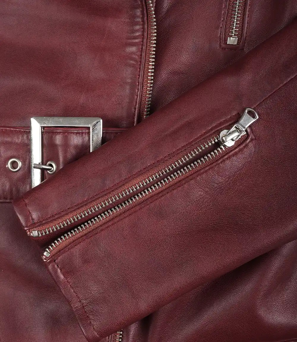 Women's Asymmetrical Maroon Belted Moto Leather Jacket - Image 6