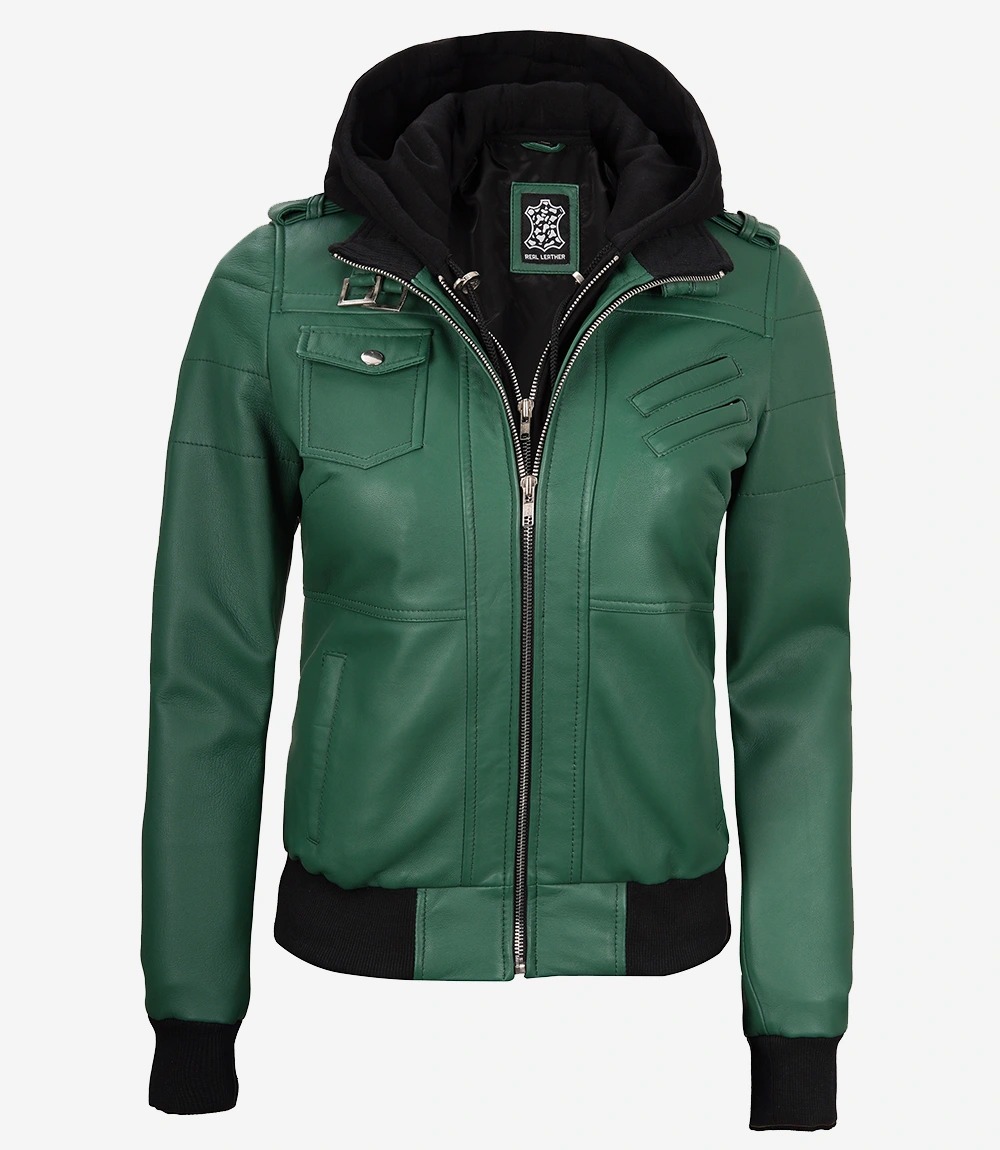 Womens Green Hooded Bomber Leather Jacket - Image 6