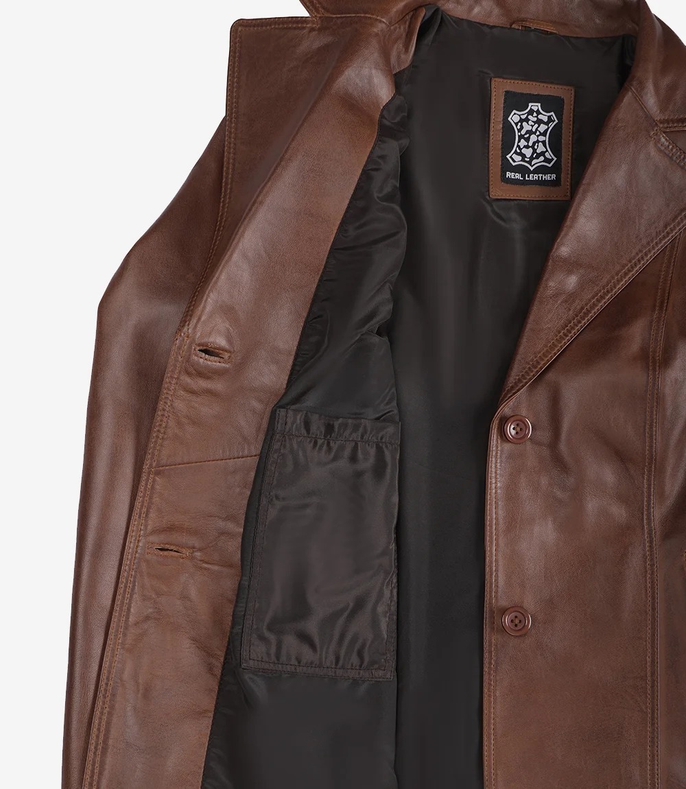 Women's Notch Lapel Two Button Cognac Leather Blazer - Image 5