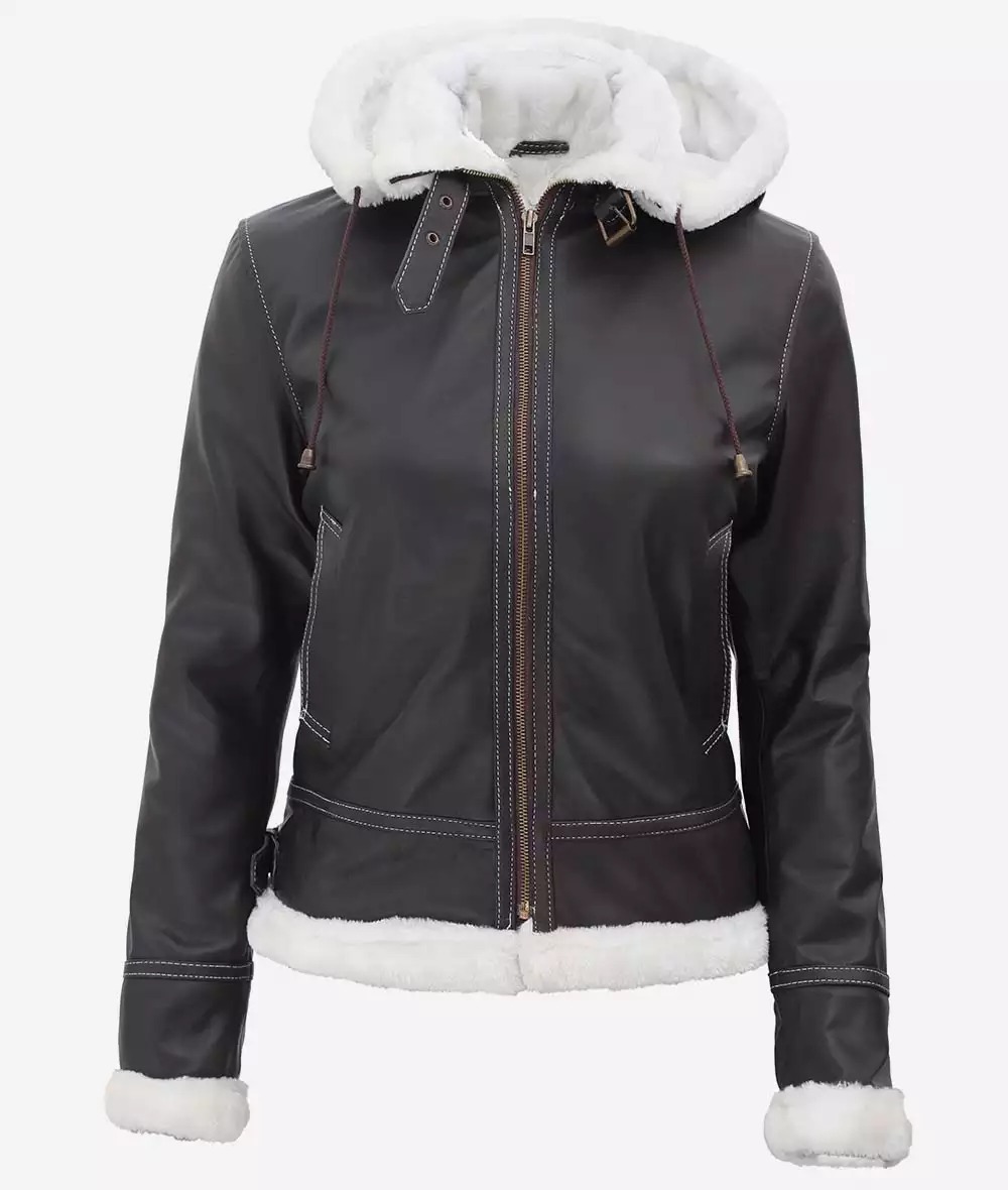 Women's Mary B3 Hooded Dark Brown Shearling Leather Jacket - Image 6