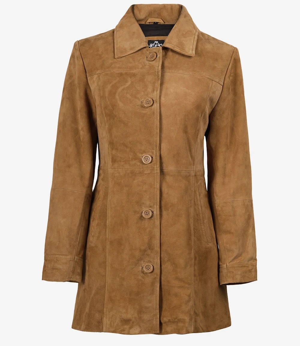 Women's 3/4 Length Button Down Brown Suede Coat - Image 4