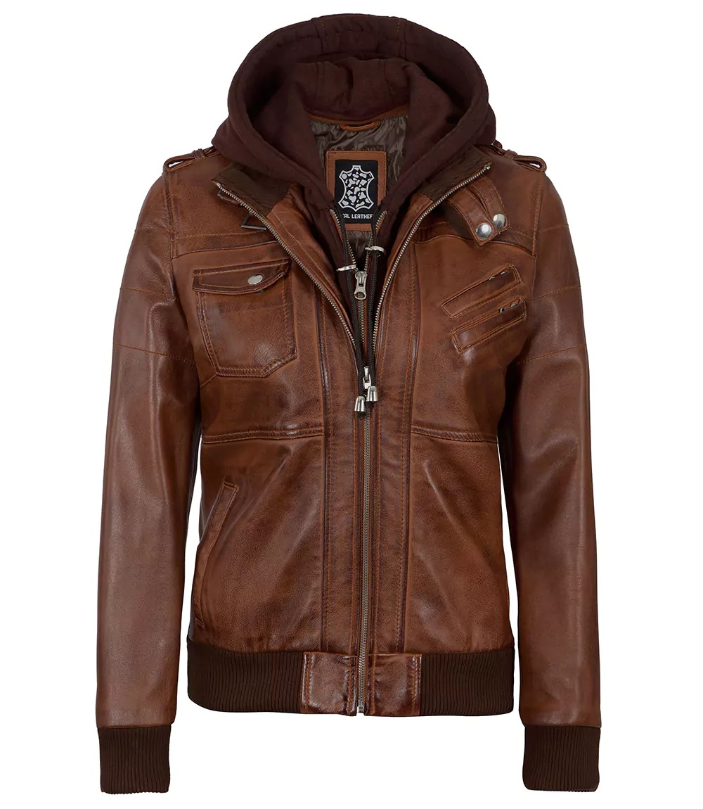 Womens Cognac Leather Bomber Jacket With Removable Hood - Image 4