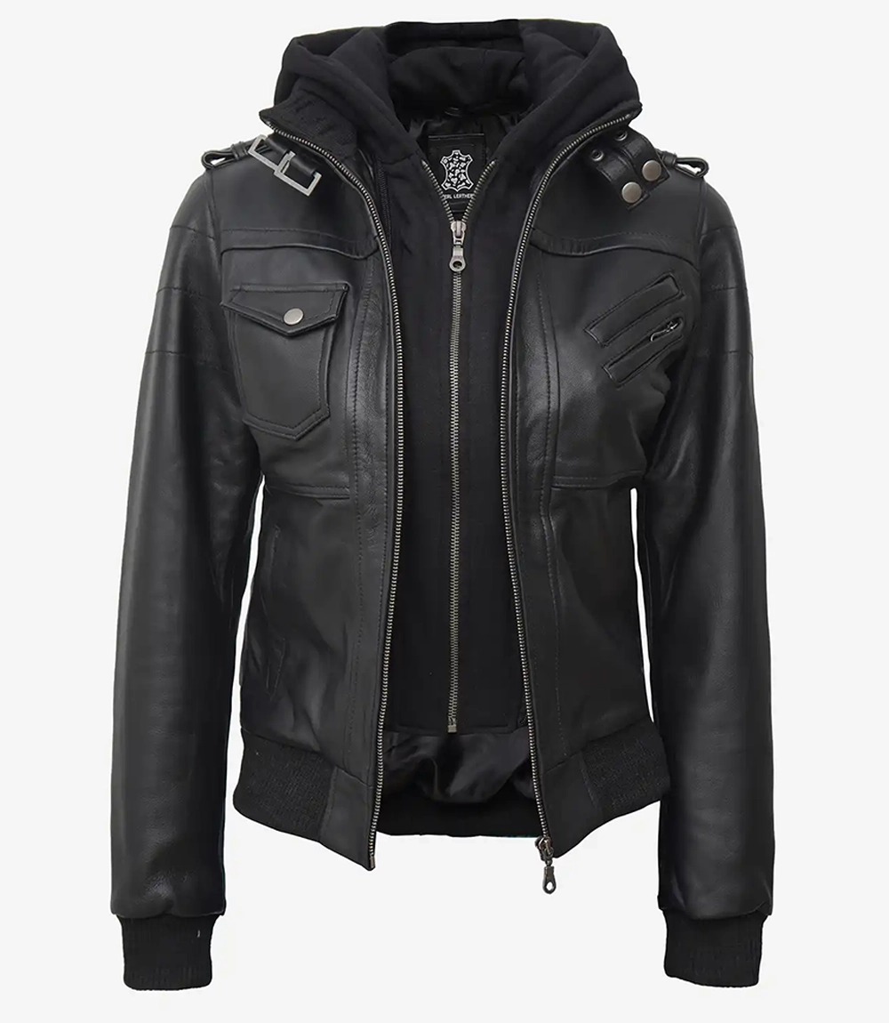 Women's Black Leather Bomber Jacket with Removable Hood - Image 5
