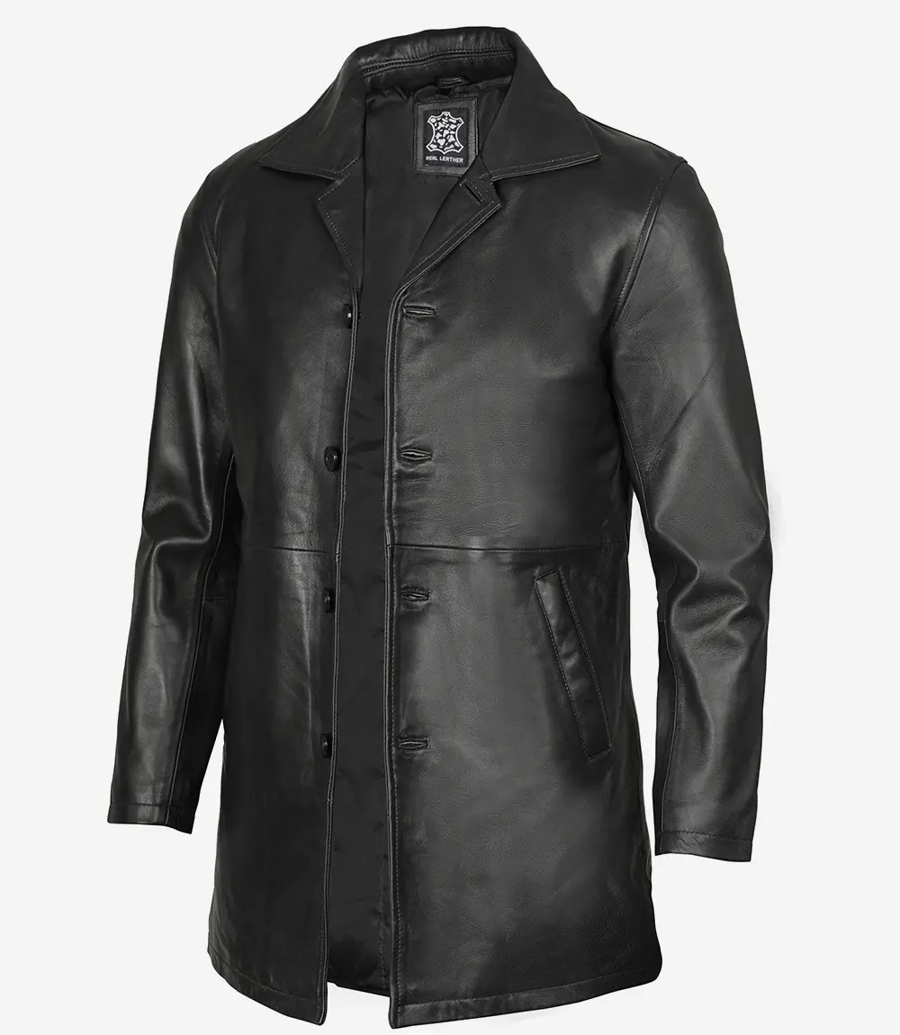 Men's 3/4 Length Lambskin Leather Black Car Coat - Image 4