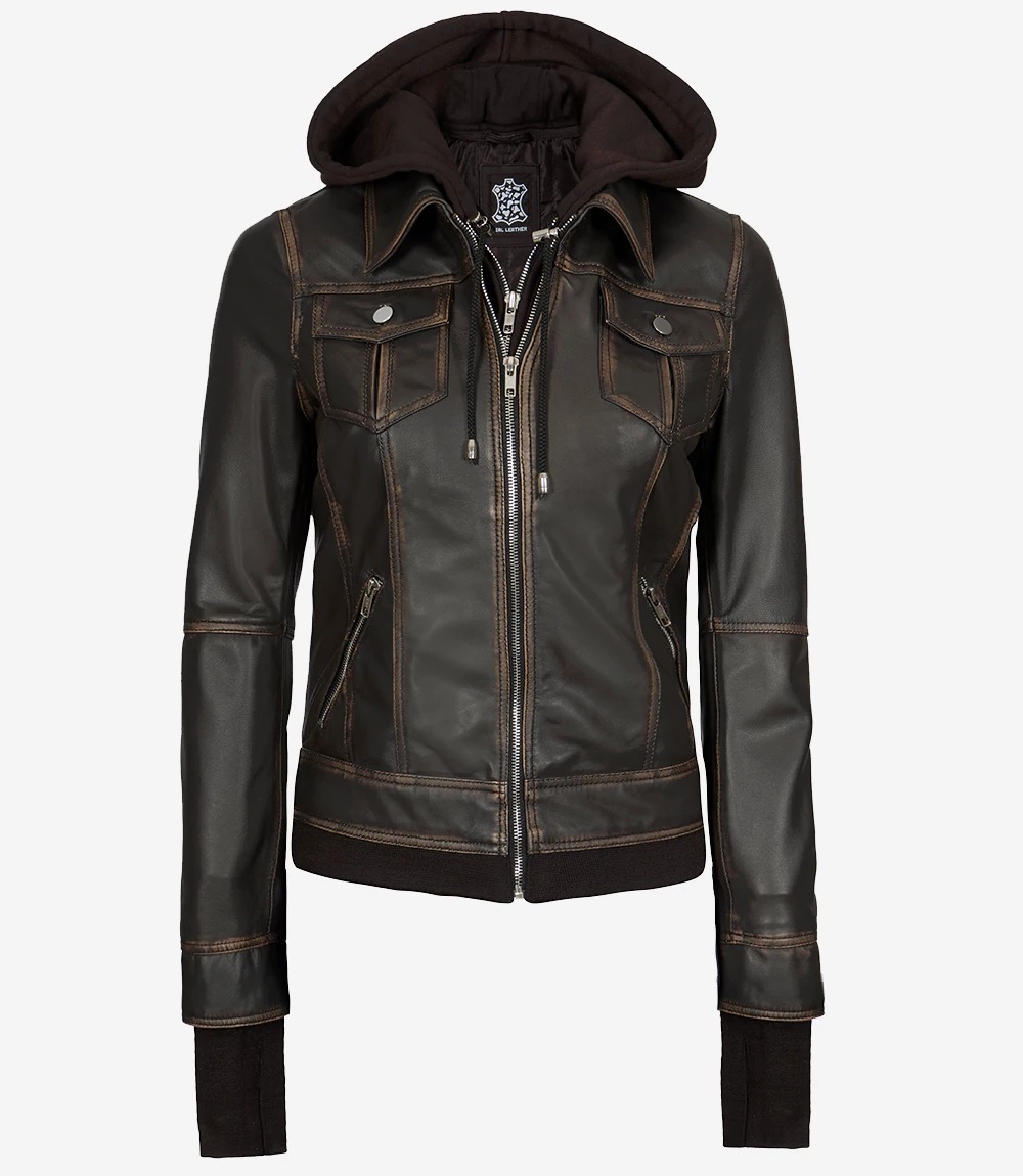Women's Distressed Brown Bomber Leather Jacket with Removable Hood - Image 7