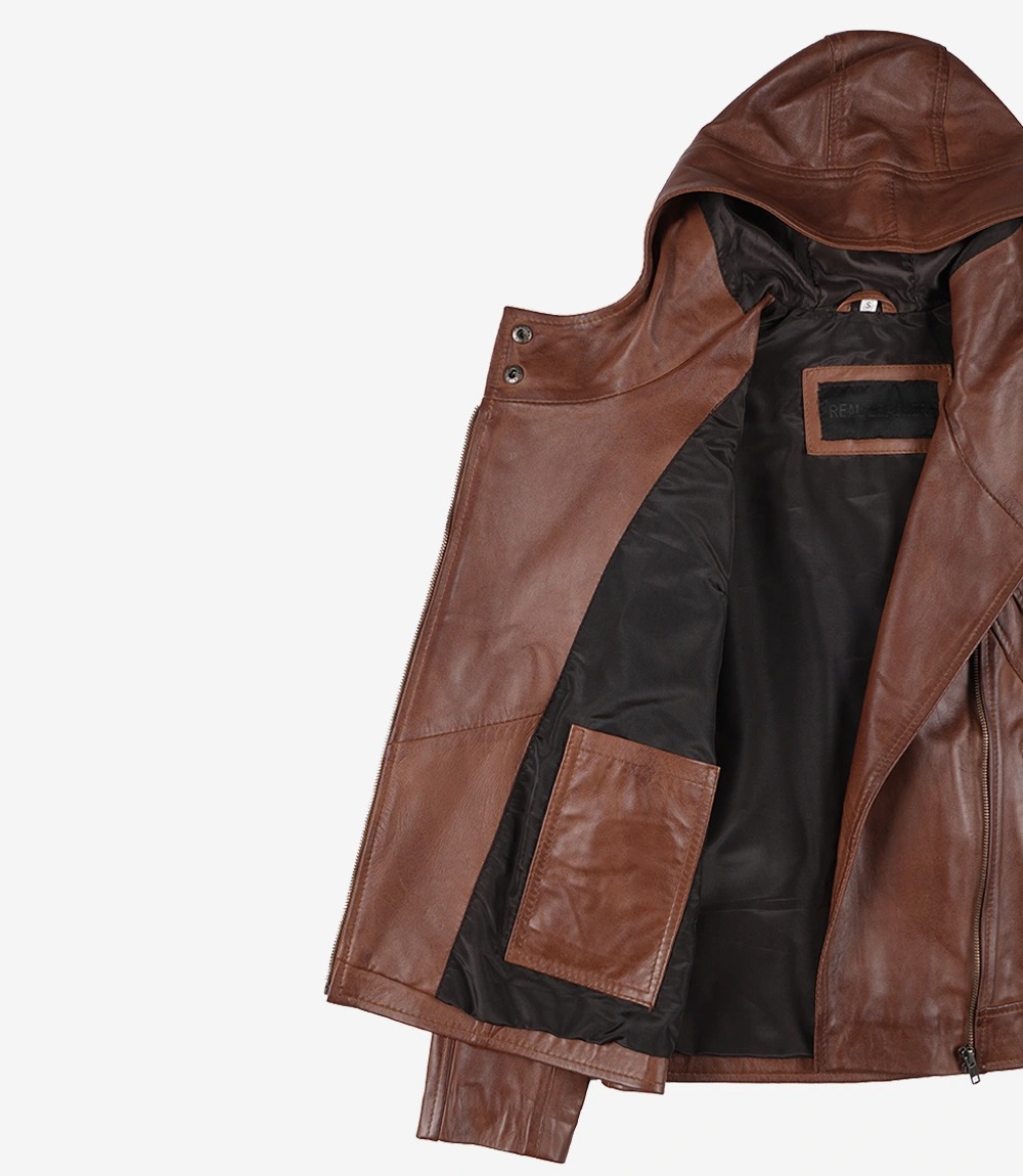 Womens Asymmetrical Brown Moto Leather Jacket with Hood - Image 8