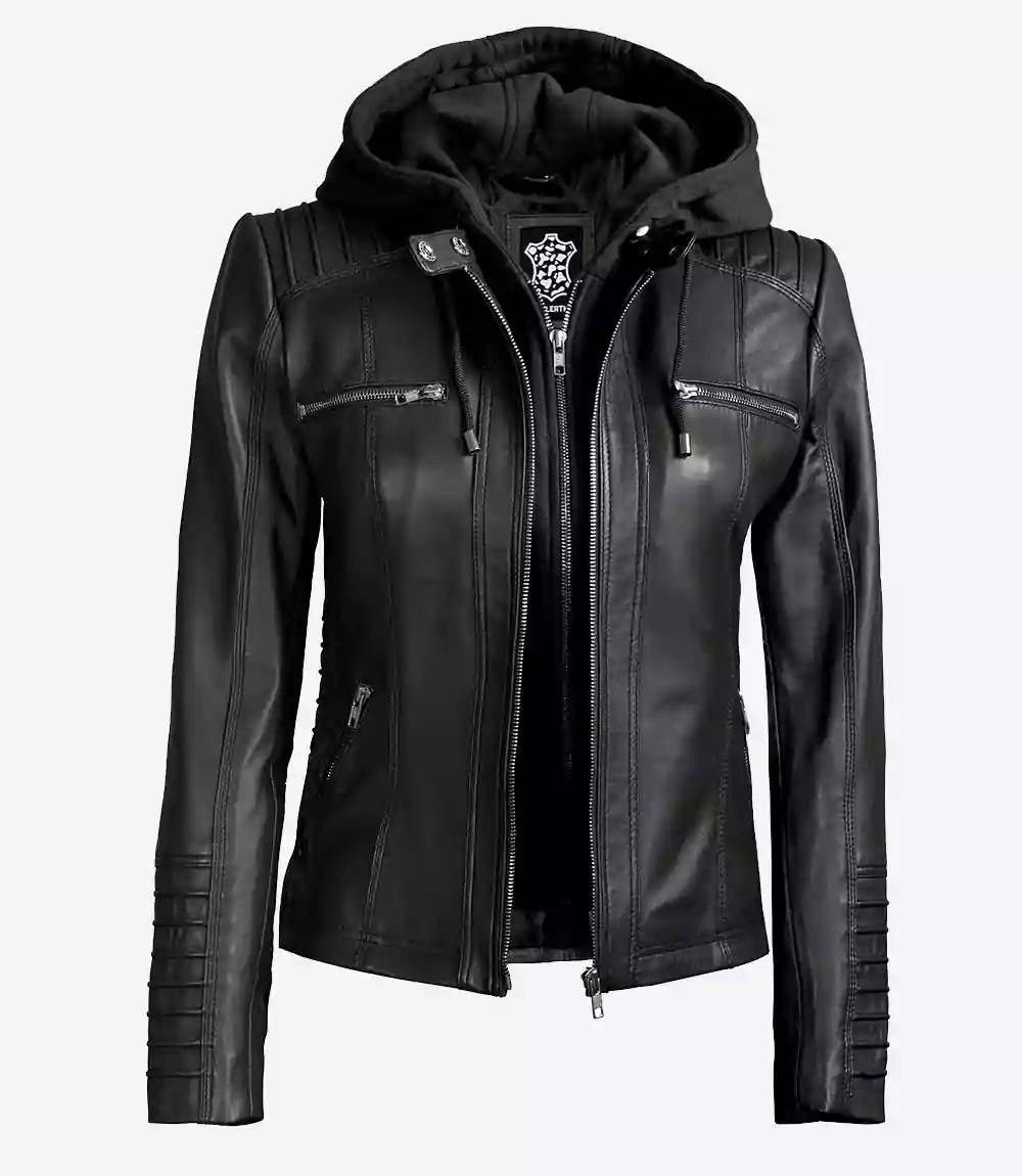 Women's Black Leather Jacket with Removable Hood - Image 7