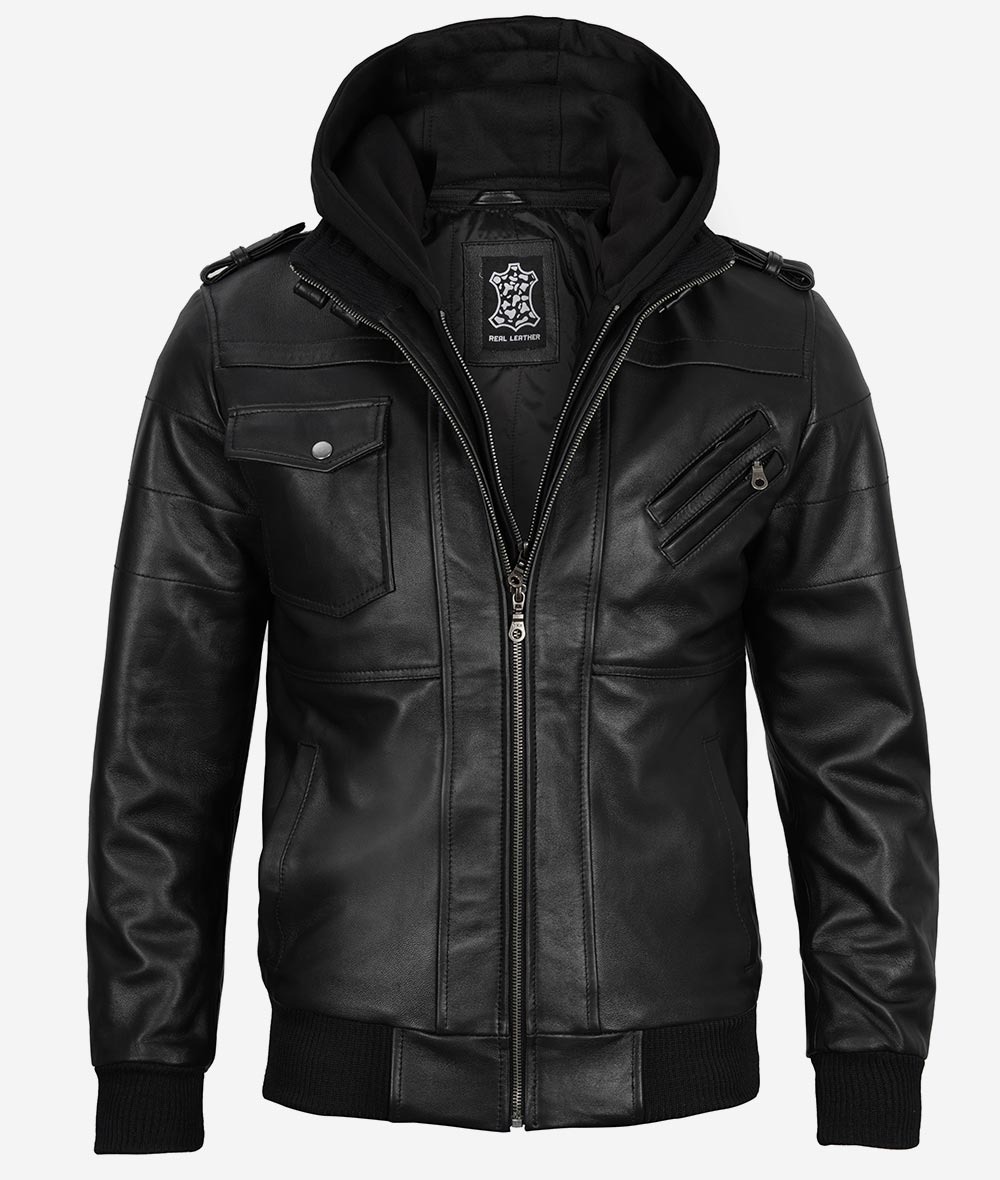 Mens Black Leather Bomber Jacket with Removable Hood - Image 6