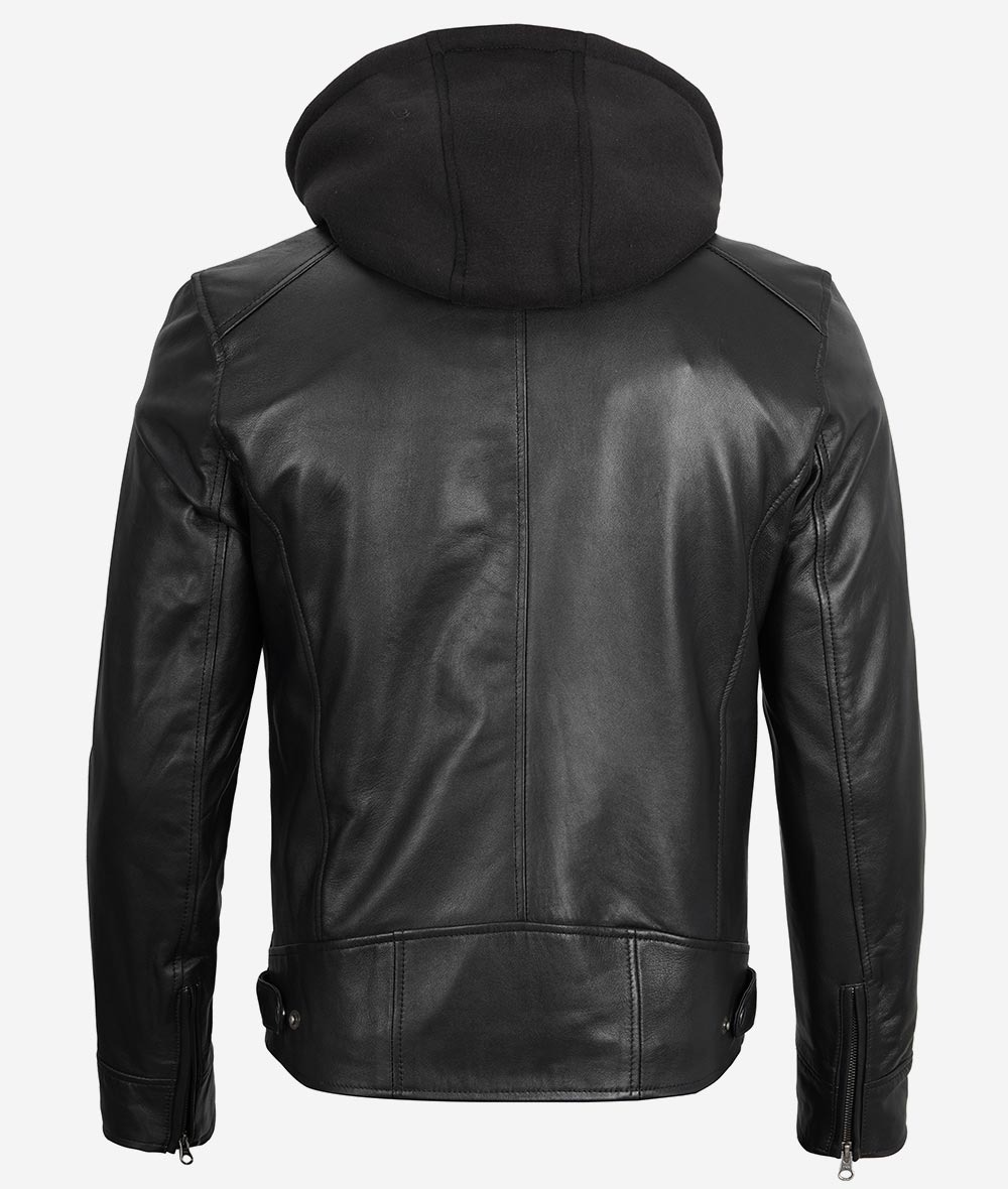 Men's Black Leather Jacket with Removable Hood - Image 9