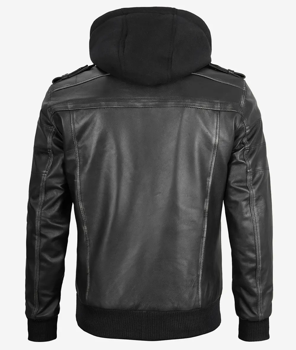 Edinburgh Men's Grey Leather Bomber Jacket With Removable Hood - Image 9