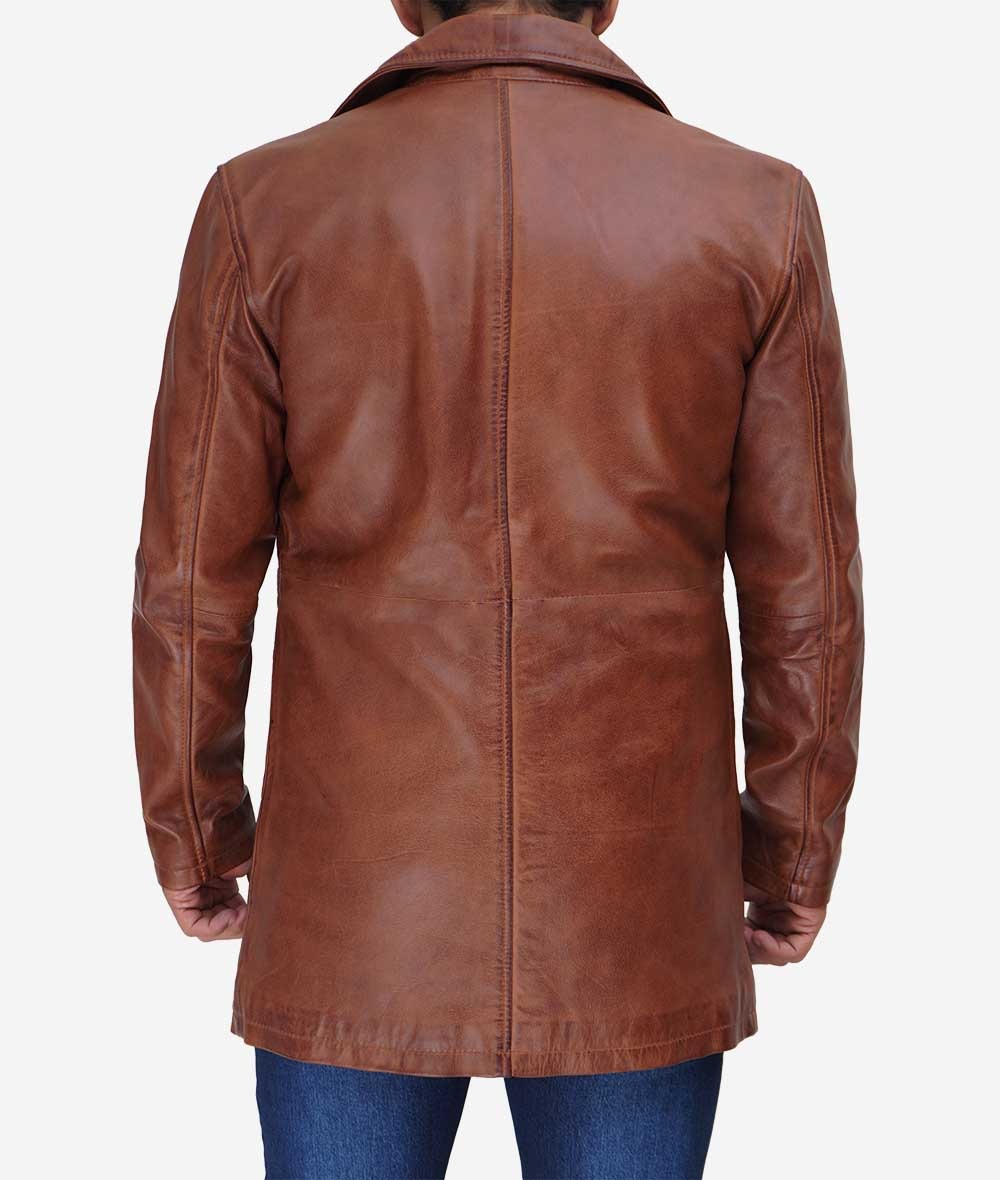 Men's Real Leather Button Down Cognac Car Coat - Image 8