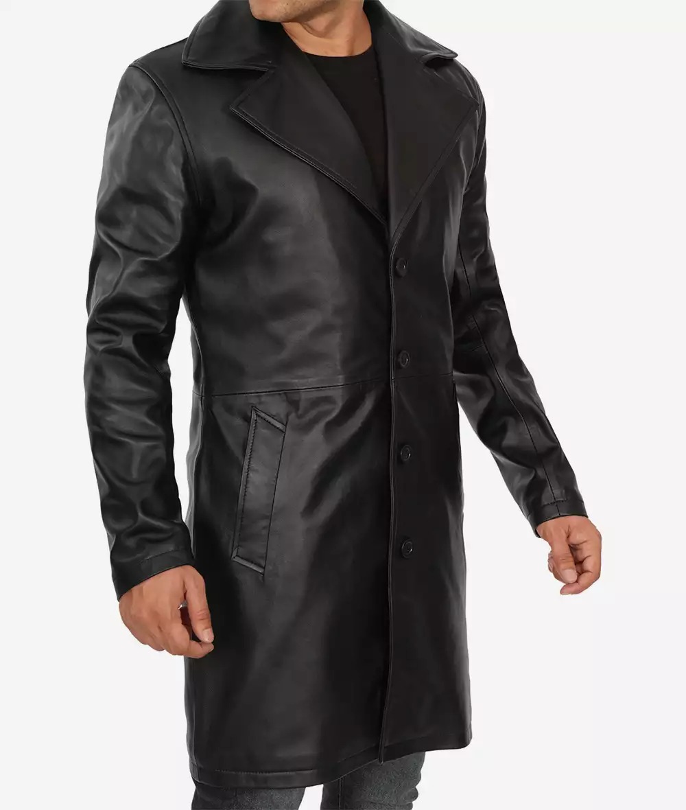 Men's 3/4 Length Black Lambskin Leather Coat - Image 6