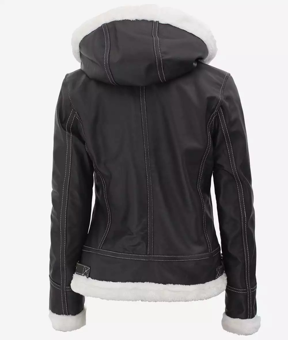 Women's Mary B3 Hooded Dark Brown Shearling Leather Jacket - Image 7