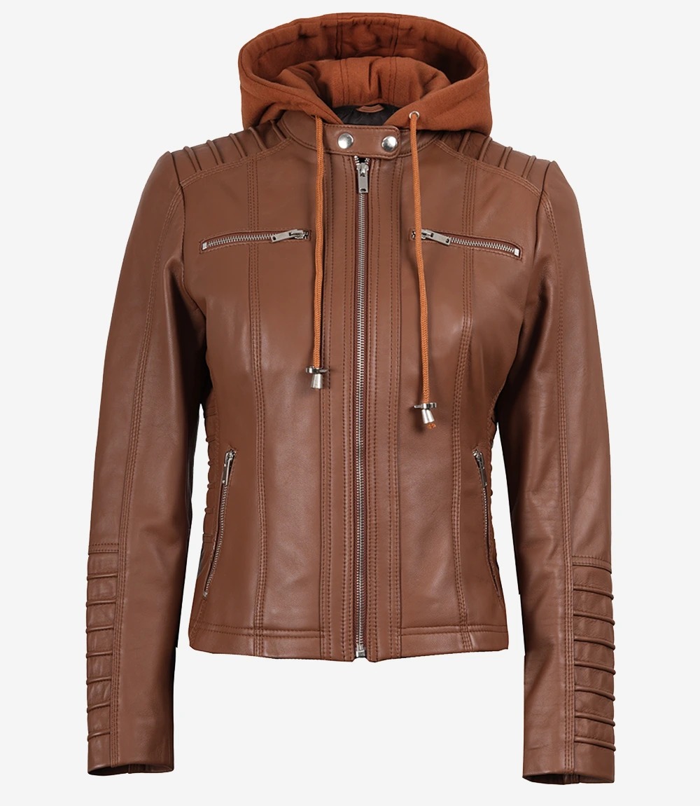 Helen Womens Cognac Leather Jacket with Removable Hood - Image 7