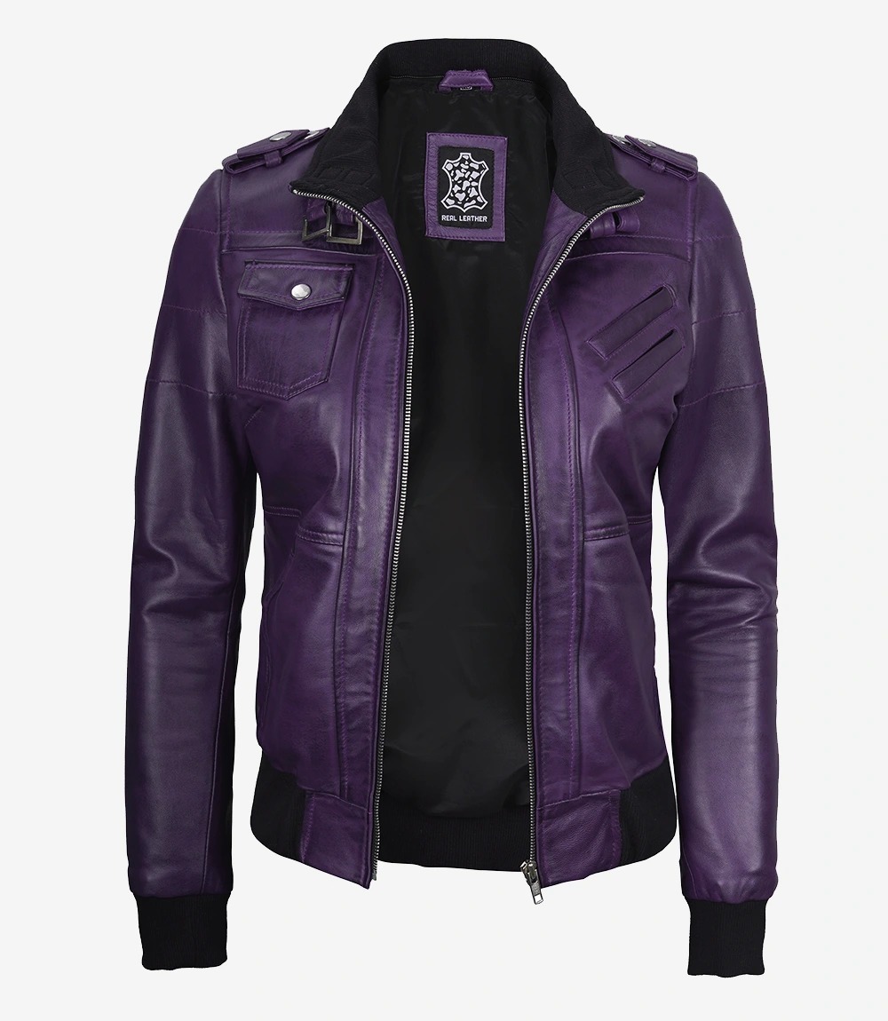 Womens Purple Bomber Leather Jacket with Removeable Hood - Image 5