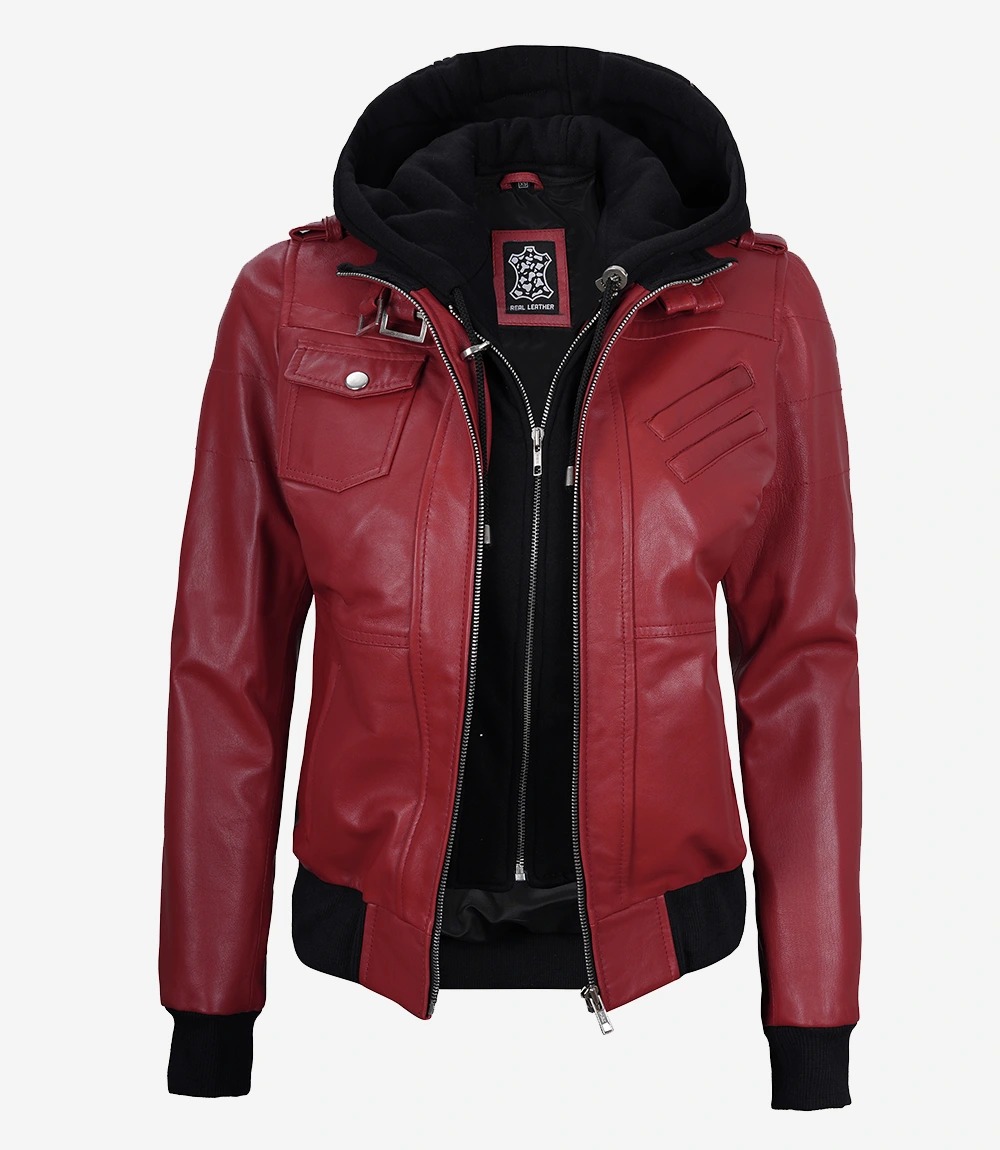 Womens Red Hooded Bomber Leather Jacket - Image 6