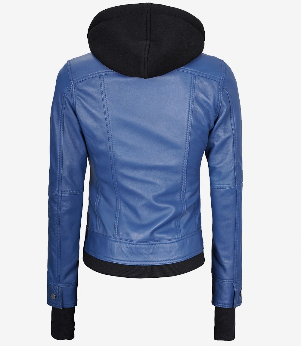 Womens Blue Bomber Leather Jacket With Hood - Image 8