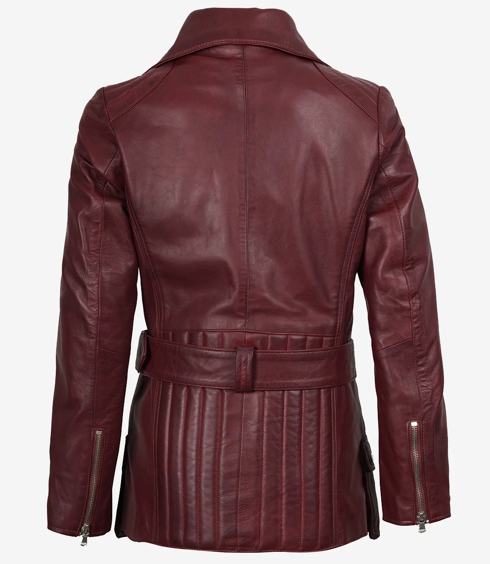 Women's Asymmetrical Maroon Belted Moto Leather Jacket - Image 7