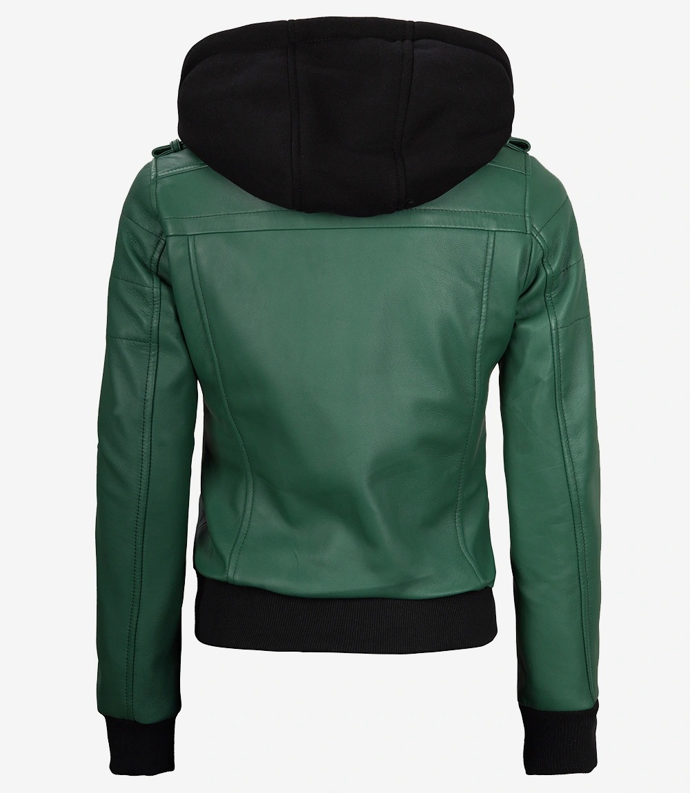 Womens Green Hooded Bomber Leather Jacket - Image 7