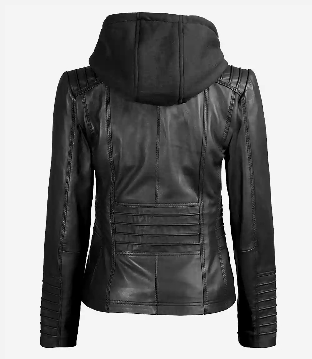 Women's Black Leather Jacket with Removable Hood - Image 8