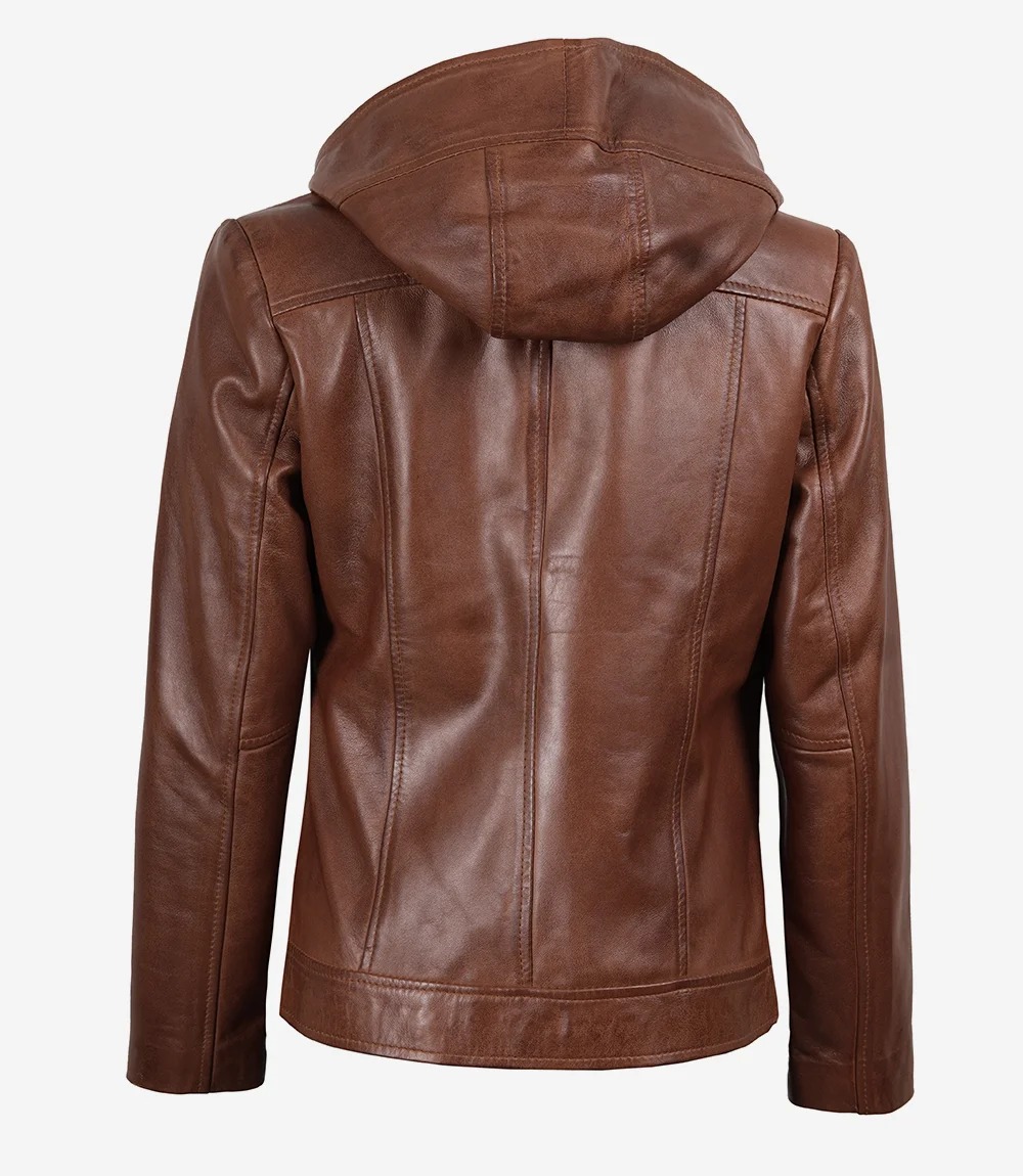 Womens Asymmetrical Brown Moto Leather Jacket with Hood - Image 9