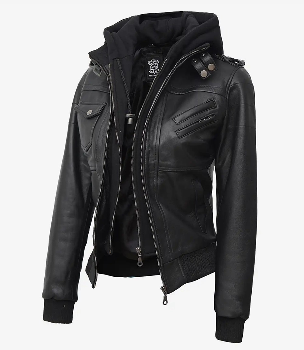 Women's Black Leather Bomber Jacket with Removable Hood - Image 6