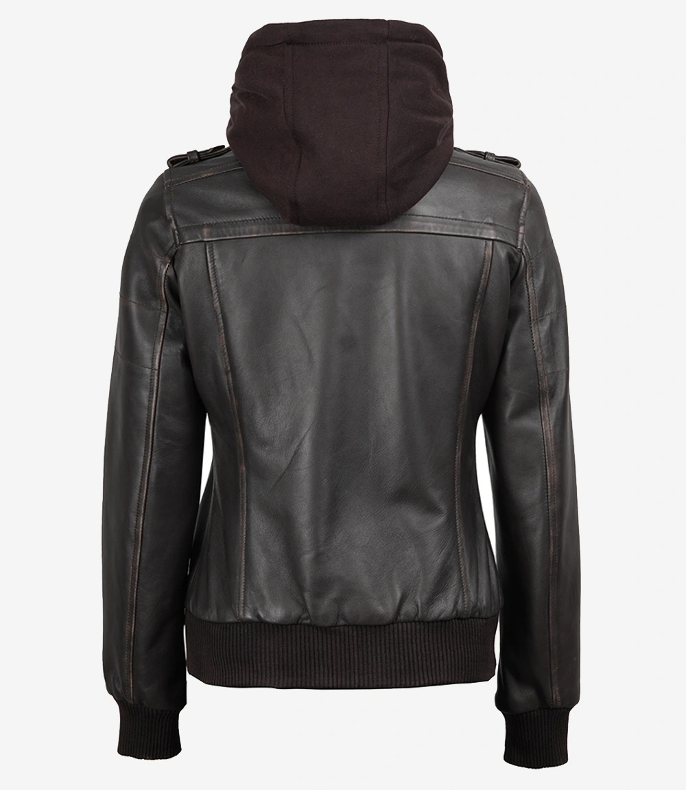 Womens Distressed Brown Hooded Bomber Leather Jacket - Image 8