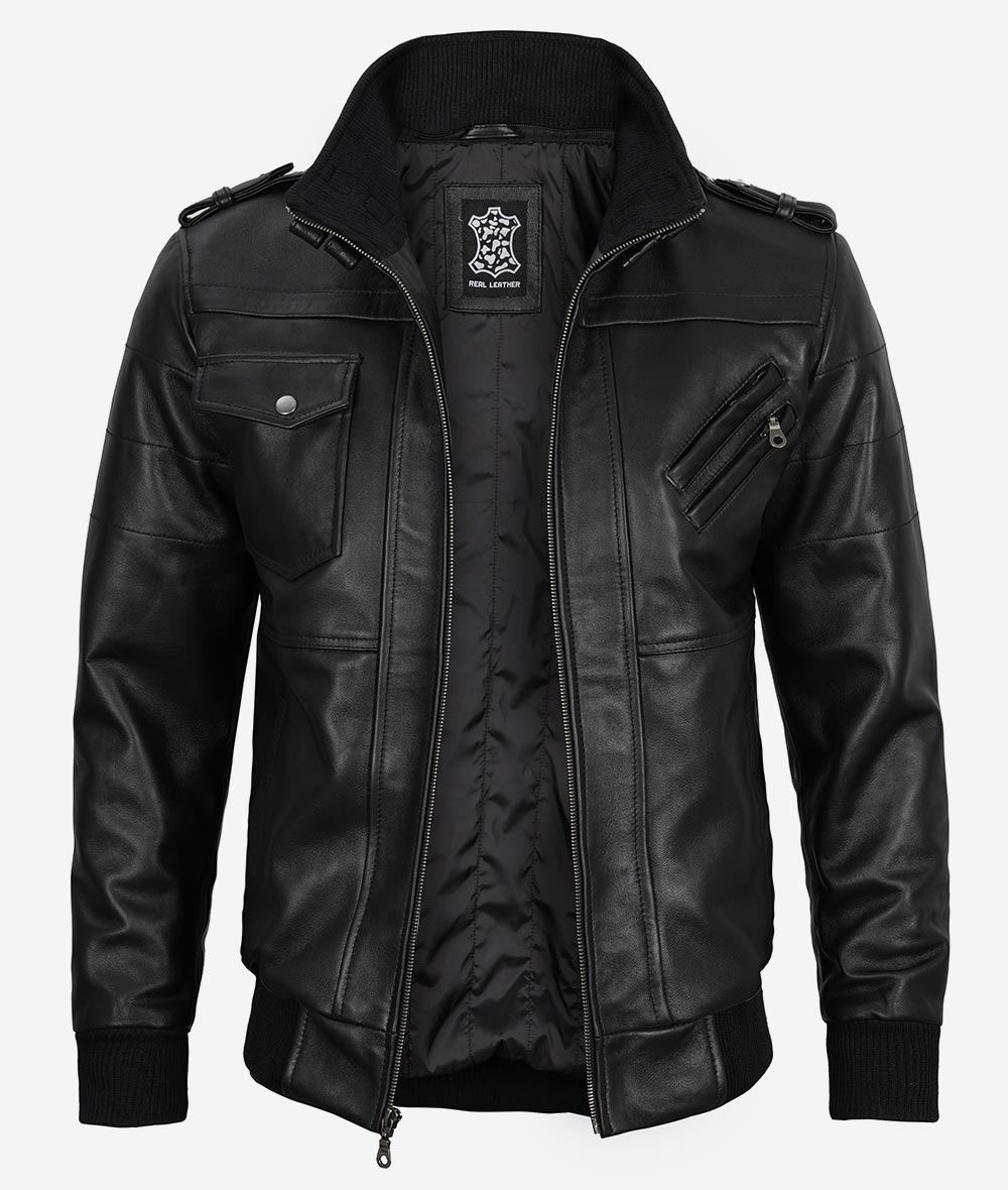 Mens Black Leather Bomber Jacket with Removable Hood - Image 7