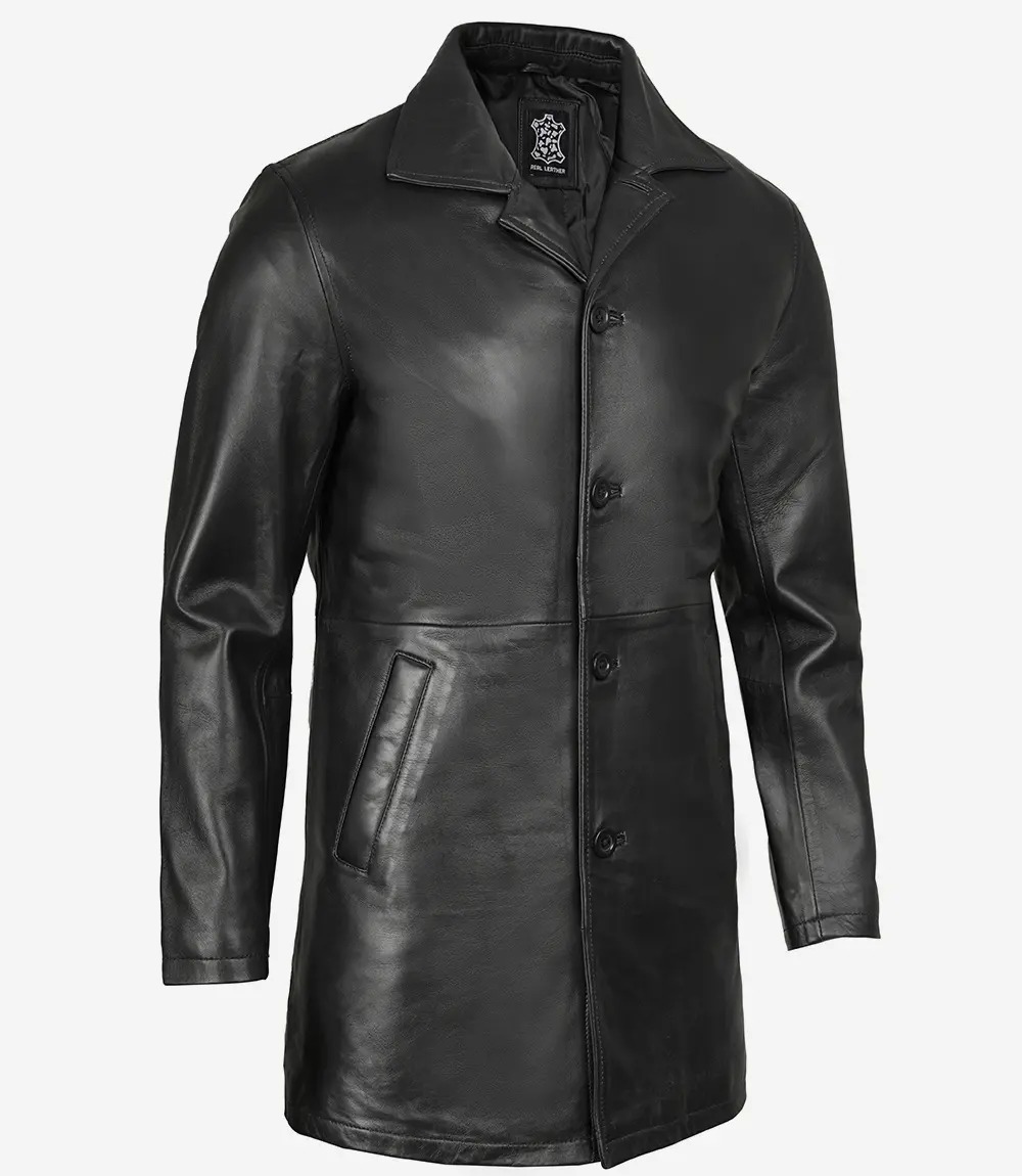 Men's 3/4 Length Lambskin Leather Black Car Coat - Image 5