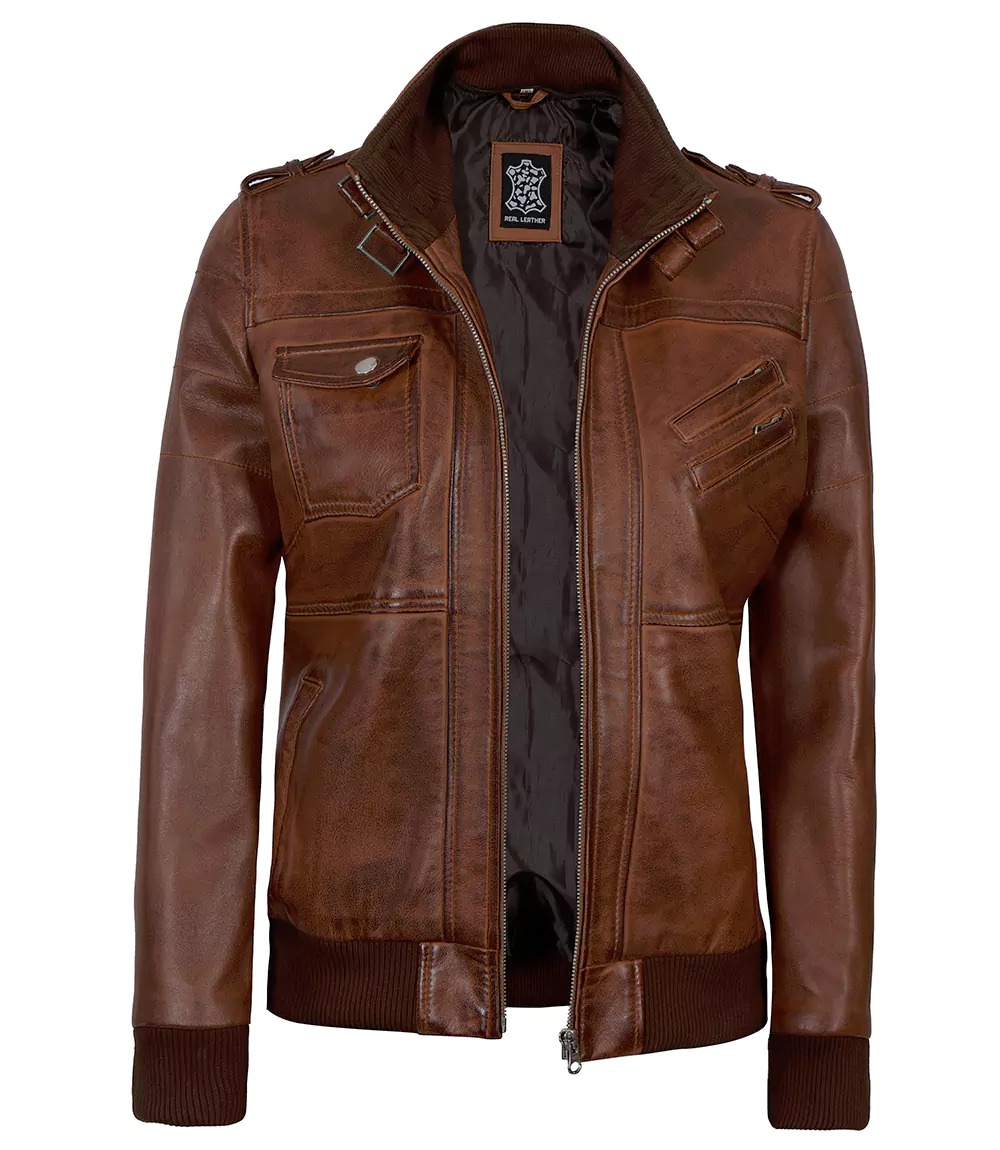 Womens Cognac Leather Bomber Jacket With Removable Hood - Image 5