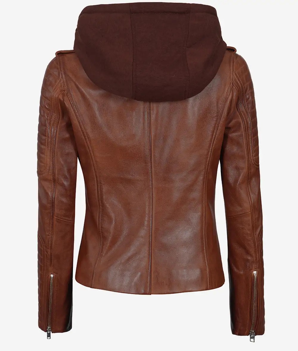 Women's Cognac Motorcycle Leather Jacket with Removable Hood - Image 8
